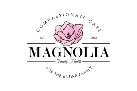 Logo for Magnolia Family Health with pink flower in the center and black text that says compassionate care for the entire family and established 2021
